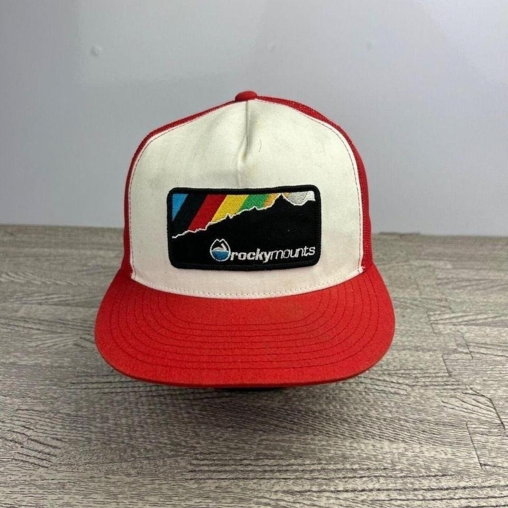 Vintage 90s Rockymounts Hat Cap Snap Back Adjustable Red Trucker Outdoor Patch